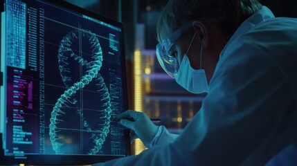 scientist analyzing dna structure on digital screen