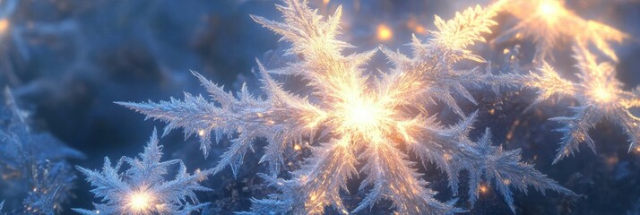 Poster - Intricate snowflake-like shapes sparkle in a winter setting, illuminated by gentle lights creating a magical atmosphere. Generative AI