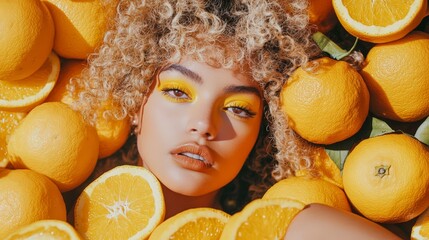 Wall Mural - woman with glowing skin surrounded by oranges