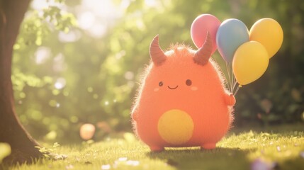 Wall Mural - Orange being with colorful balloons in park, small horns, happy smile