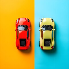 Wall Mural - Red and Yellow Toy Cars on Colorful Background