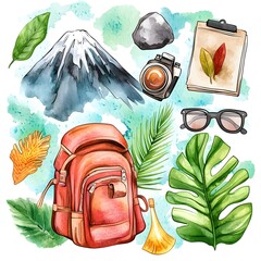 Watercolor Travel Illustration with Backpack  Camera  Sunglasses  Leaves and Mountain