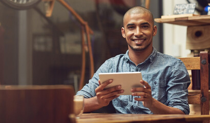 Aufkleber - Business owner, portrait and man in coffee shop, tablet and internet with connection, smile and network. Person, entrepreneur and employee with service, digital app for invoice and email notification