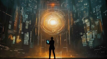 A lone figure stands in front of a glowing portal in a futuristic cityscape.