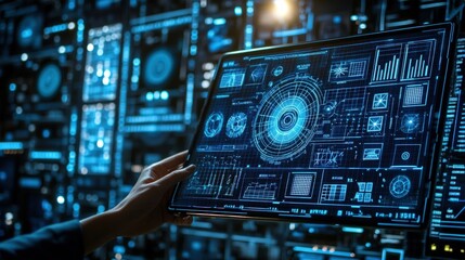 Hand holding tablet with futuristic data interface, illuminated with blue light.
