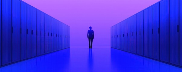 Poster - Silhouette of a man standing in a hallway of blue doors.