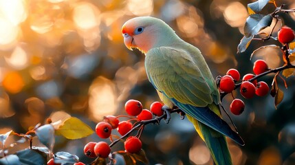 Wall Mural - A vibrant green and blue parrot perched on a branch with red berries against a warm, golden sunset.