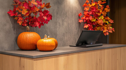 Pumpkin on hotel reception counter, autumn thanksgiving special offer