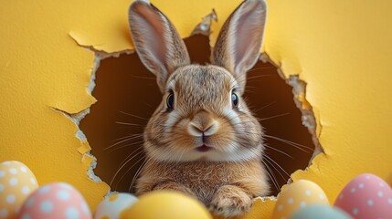 Poster - Adorable bunny peeking through ripped hole in a yellow wall fluffy ears and playful expression surrounded by Easter decorations with an inviting space for personalized text