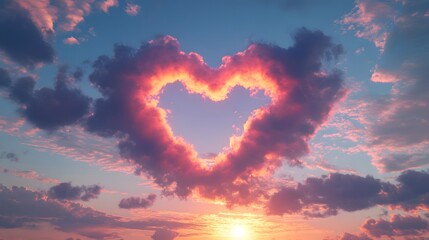 Heart-shaped cloud formation in the sky at sunset: 3D rendering of a heart-shaped cloud formation glowing in the pastel-colored sky during sunset