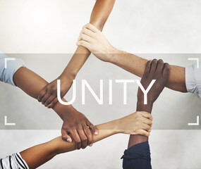 Aufkleber - Hands, business and people with unity in office of problem solving, collaboration and creative integration. Staff, support and team building with overlay for synergy, inclusion and project agreement