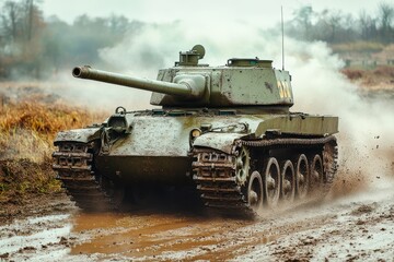 powerful military tank driving through mud with smoke in background