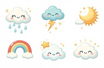 cloud rain weather cartoon cute set. cloud, sun, moon weather character with smile and angry face. h