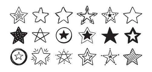 Hand drawn doodle stars set. different drawing stars isolated on white background.