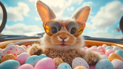 Poster - Adorable Easter Bunny in sunglasses grinning from the driver's seat of a cheerful car packed with pastelcolored Easter eggs The scene is set against a backdrop of a bright blue sky and fluffy clouds