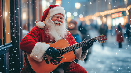 A Santa Claus plays an acoustic guitar on a cold winter day. The concept of Merry Christmas, festive music, and holiday spirit. Generative AI.