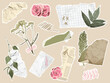 © WinWin - Paper cut elements. Botanical collage with scrapbook torn paper pieces, scribbles, branches with leaves and flowers. Coquette aesthetic journal floral design vector set.