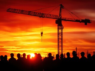 Silhouettes of workers with construction crane against sunset sky.