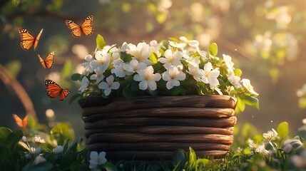 Poster - Artistic 3D rendering of a rustic wooden basket filled with fresh white blossoms and butterflies gracefully perched on the flowers all against a vibrant spring background that enhances the scene