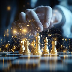 Poster - Businessmans Hand Making Strategic Move On Chessboard, Illuminated By Network Of Connected Lights.
