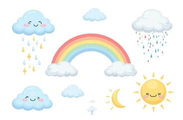 cloud rain weather cartoon cute set. cloud, sun, moon weather character with smile and angry face. h