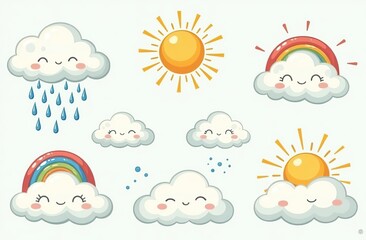 cloud rain weather cartoon cute set. cloud, sun, moon weather character with smile and angry face. h