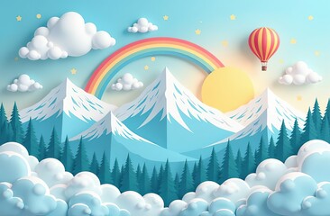 Wall Mural - beautiful fluffy clouds on blue sky background, snowy mountains, sun, hot air balloon and rainbow. v