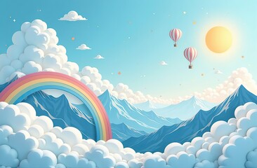 Wall Mural - beautiful fluffy clouds on blue sky background, snowy mountains, sun, hot air balloon and rainbow. v