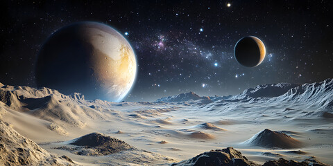 Wall Mural - a space scene with a large planet in the background and a smaller planet in the foreground. the sky 