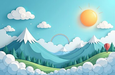 Wall Mural - beautiful fluffy clouds on blue sky background, snowy mountains, sun, hot air balloon and rainbow. v
