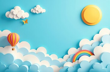 Wall Mural - beautiful fluffy clouds on blue sky background with summer sun, butterfly, hot air balloons and rain