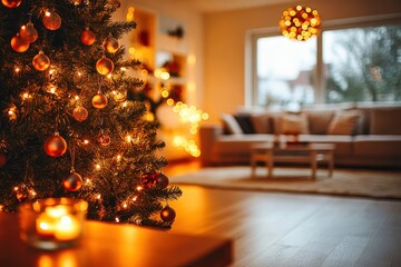 Christmas tree with red and gold ornaments is shining near the window