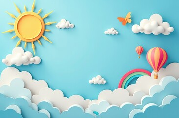 Wall Mural - beautiful fluffy clouds on blue sky background with summer sun, butterfly, hot air balloons and rain