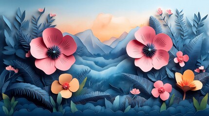Poster - Artistic empty papercut nature icon enclosed in a dreamy paper frame decorated with abstract floral motifs and soft watercolor washes inviting viewers into a springinspired wonderland
