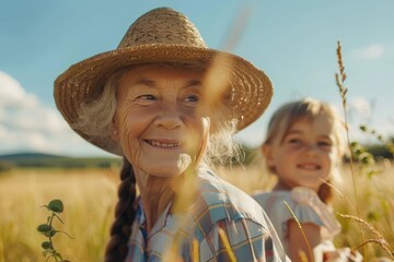 Joyful senior woman and young girl enjoying a nature walk together in a peaceful countryside, embracing a family adventure full of happiness and fun