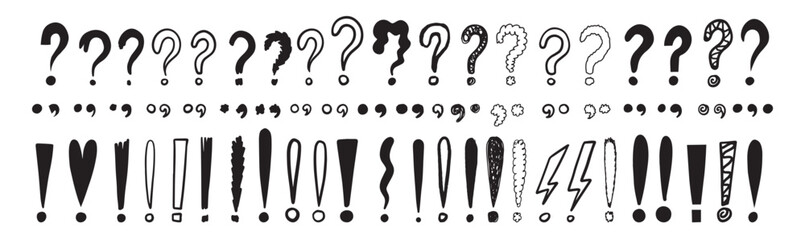 Doodle exclamation marks, question marks. Punctuation drawing black marks, Hand drawn exclamation point