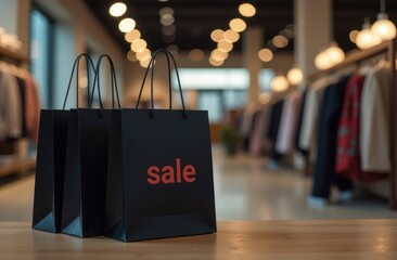 Set of black paper shopping bags and text SALE on blurred store background. Black Friday or Cyber Monday concept.