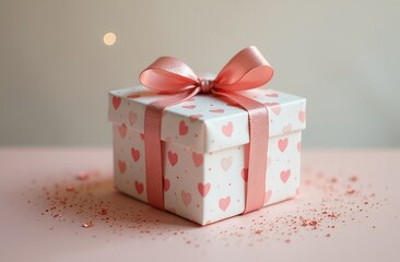 Pink gift box with satin ribbon on background with bokeh lights. Christmas. Birthday. Happy woman's day. Mothers Day. Valentine's Day. Front view.