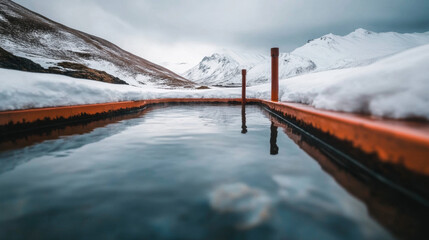 Icelandic hot spring with snow-covered mountains in the background