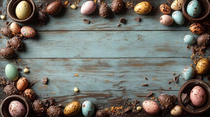 Fototapete - Easter border with robin's eggs and chocolate eggs placed along the edges of the image The middle area is left empty for text with the colorful eggs creating a cheerful and delicious frame