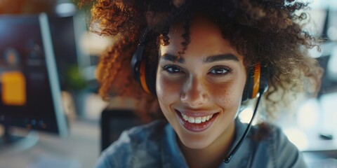 Woman in a call center using technology for customer service and support, happily assisting clients while wearing a headset