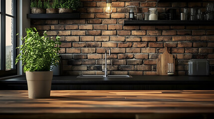 Sticker - A kitchen with a brick wall and a wooden countertop. A potted plant sits on the countertop