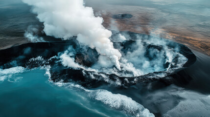 Icelandic volcanic landscape with black sand beaches and steam vents