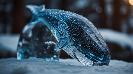 Wall Mural - A glass sculpture of a whale, made of clear glass and decorated with water droplets, sits on a snowy surface, with a blurred forest background.