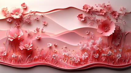 Poster - Elegant empty papercut nature icon set in a textured pastel paper frame surrounded by soft flowing ribbons and gentle floral patterns capturing the soft beauty of spring