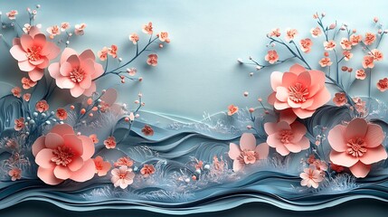 Poster - Elegant empty papercut nature icon set in a textured pastel paper frame surrounded by soft flowing ribbons and gentle floral patterns capturing the soft beauty of spring