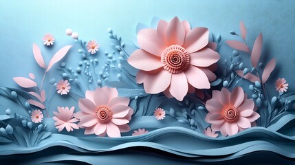 Poster - Elegant empty papercut nature icon set in a textured pastel paper frame surrounded by soft flowing ribbons and gentle floral patterns capturing the soft beauty of spring