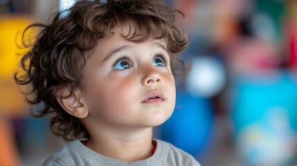 a young child with brown hair and blue eyes is looking up at something