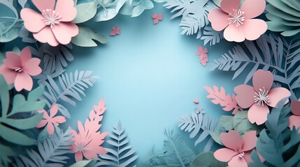 Poster - Empty papercut nature icon surrounded by a delicate paper frame evoking the beauty of spring The design features soft pastel colors and intricate details inviting a sense of tranquility and renewal