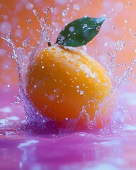 Canvas Print - A vibrant orange splashes into a pool of water, creating dynamic droplets against a colorful purple and orange background. Freshness and vitality shine through.